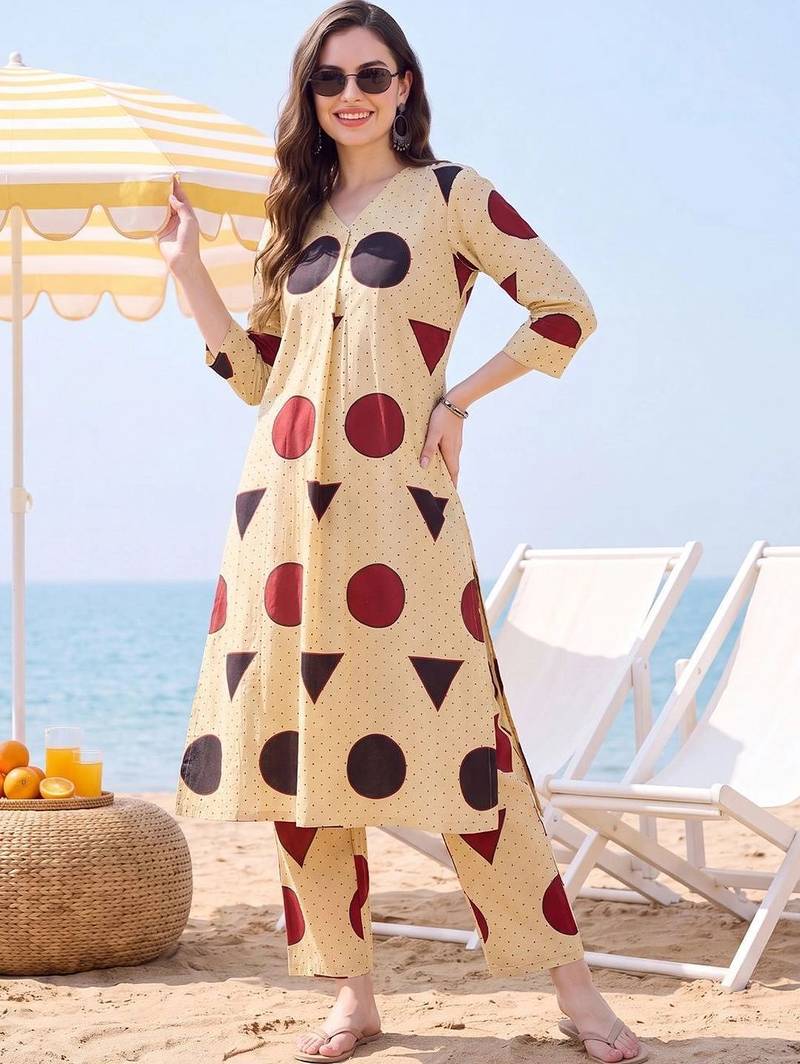 women printed regular cotton kurta with trousers