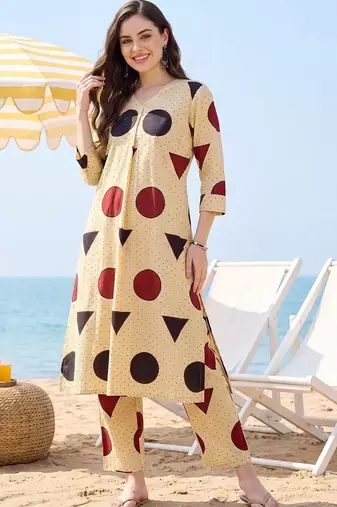 women printed regular cotton kurta with trousers