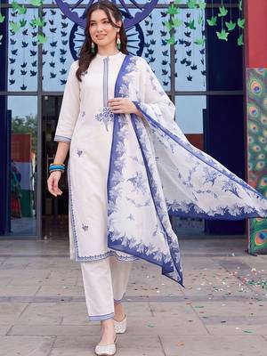 women ethnic regular thread work cotton kurta with trousers & with dupatta 1