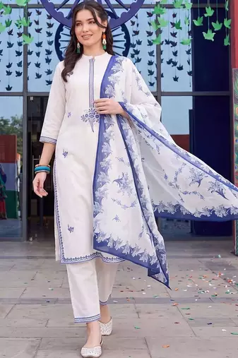 women ethnic regular thread work cotton kurta with trousers & with dupatta