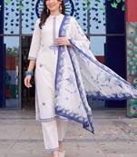women ethnic regular thread work cotton kurta with trousers & with dupatta