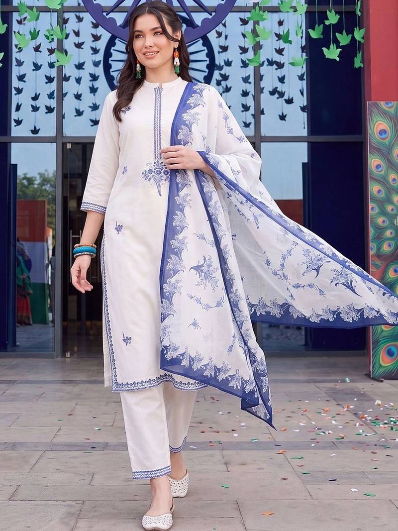 women ethnic regular thread work cotton kurta with trousers & with dupatta
