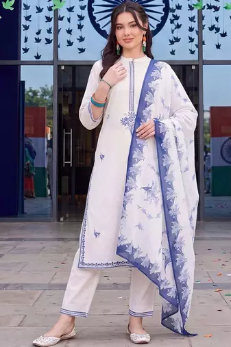 women ethnic regular thread work cotton kurta with trousers & with dupatta