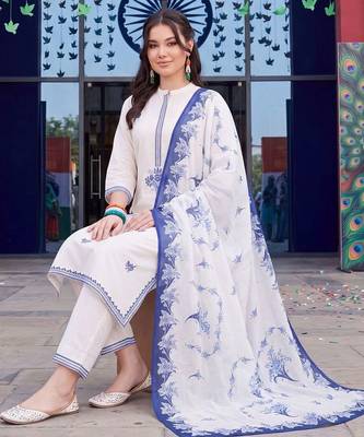 women ethnic regular thread work cotton kurta with trousers & with dupatta 5