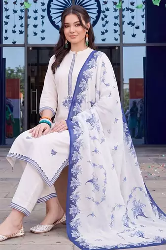 women ethnic regular thread work cotton kurta with trousers & with dupatta