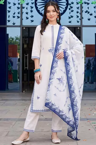 women ethnic regular thread work cotton kurta with trousers & with dupatta
