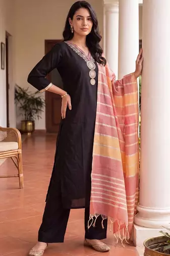 women ethnic motifs embroidered regular thread work kurta with palazzos & with dupatta