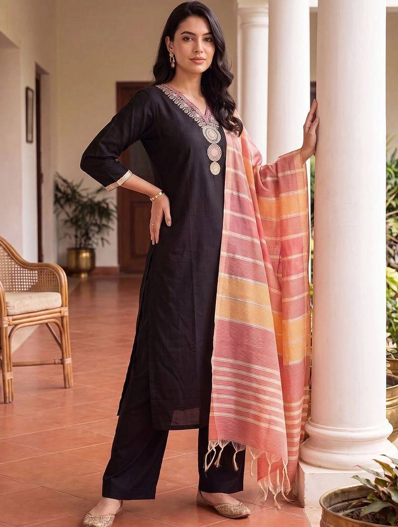 women ethnic motifs embroidered regular thread work kurta with palazzos & with dupatta