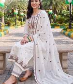 women ethnic motifs embroidered regular thread work cotton kurta with trousers & with dupatta