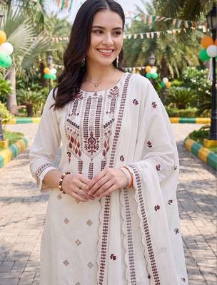 women ethnic motifs embroidered regular thread work cotton kurta with trousers & with dupatta 2