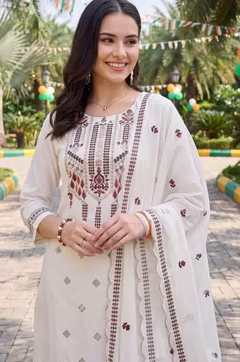 women ethnic motifs embroidered regular thread work cotton kurta with trousers & with dupatta