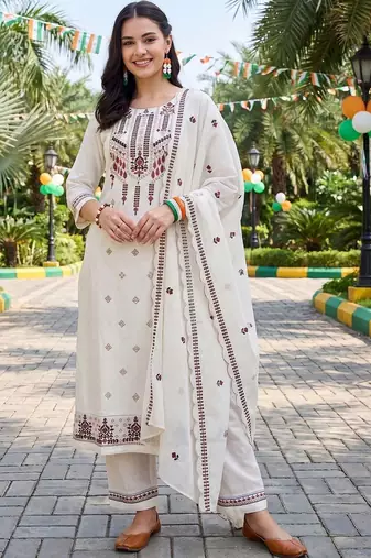 women ethnic motifs embroidered regular thread work cotton kurta with trousers & with dupatta