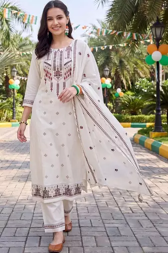 women ethnic motifs embroidered regular thread work cotton kurta with trousers & with dupatta