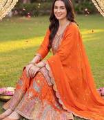 women ethnic motifs embroidered regular thread work kurta with sharara & with dupatta