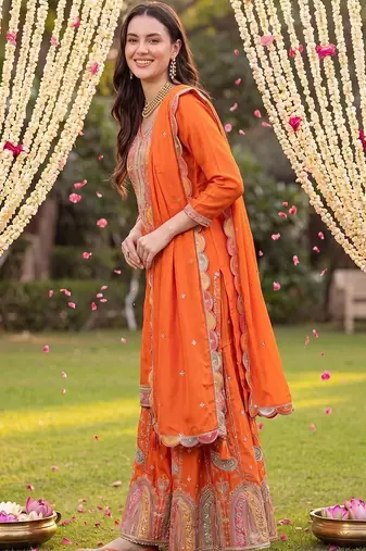 women ethnic motifs embroidered regular thread work kurta with sharara & with dupatta