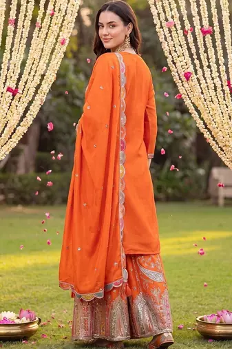 women ethnic motifs embroidered regular thread work kurta with sharara & with dupatta