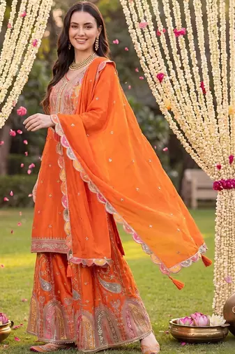 women ethnic motifs embroidered regular thread work kurta with sharara & with dupatta