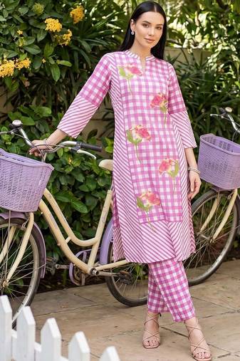 women printed regular cotton kurta with trousers