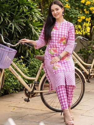 women printed regular cotton kurta with trousers 2