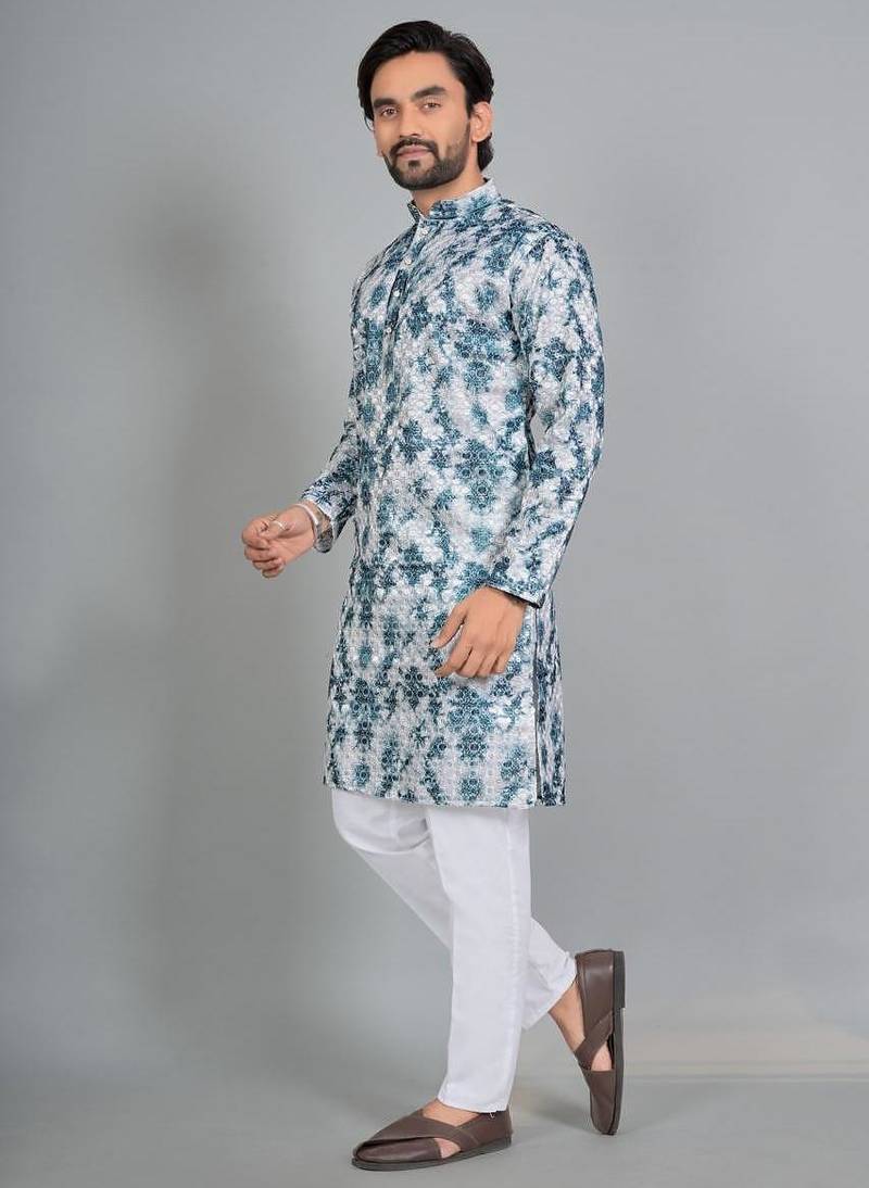 Blue rayon digital work kurta pajama