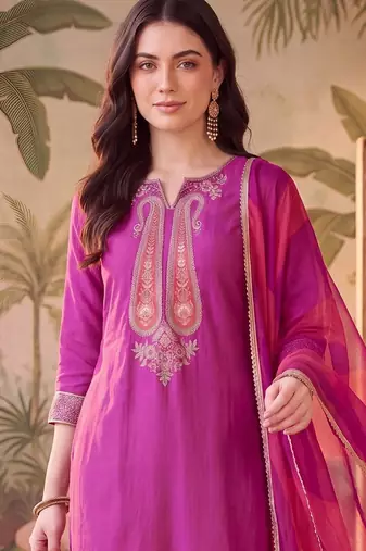 women ethnic motifs embroidered regular thread work kurta with trousers & with dupatta