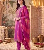 women ethnic motifs embroidered regular thread work kurta with trousers & with dupatta