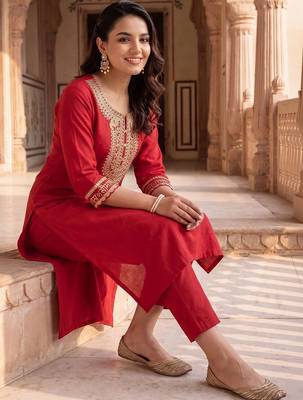 women ethnic motifs embroidered regular sequinned liva kurta with trousers 1