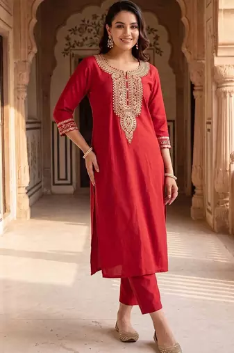women ethnic motifs embroidered regular sequinned liva kurta with trousers