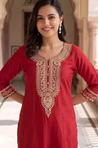 women ethnic motifs embroidered regular sequinned liva kurta with trousers