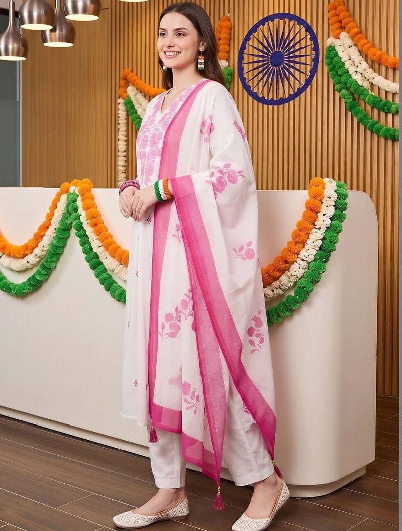 women floral embroidered regular thread work kurta with trousers & with dupatta