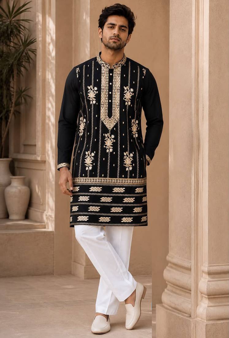 Dark navy blue lachka silk embroidered kurta pajama