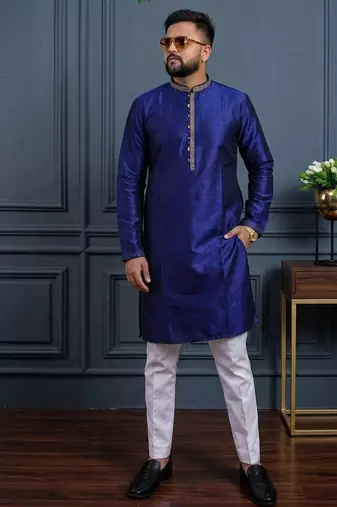 Navy blue banglori silk plain kurta pajama