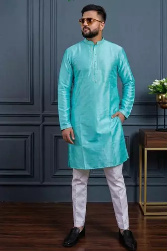 Sky blue banglori silk plain kurta pajama