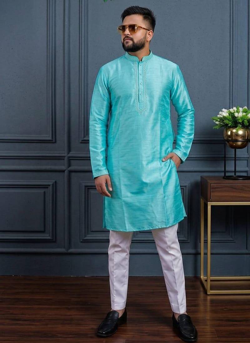 Sky blue banglori silk plain kurta pajama