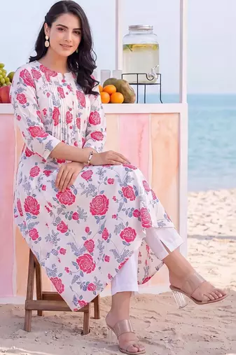 women floral printed pleated cotton kurta with trousers