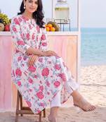 women floral printed pleated cotton kurta with trousers