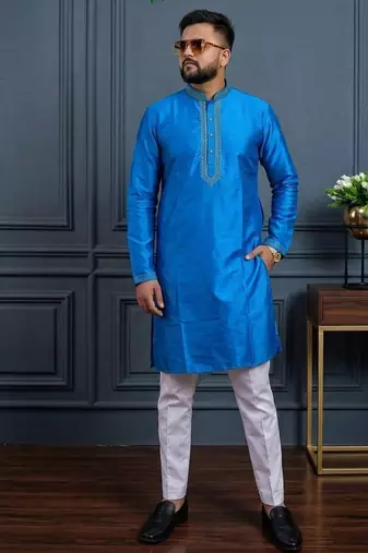 Blue banglori silk plain kurta pajama