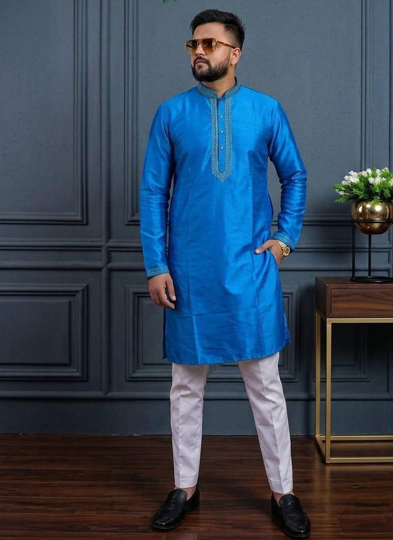 Blue banglori silk plain kurta pajama