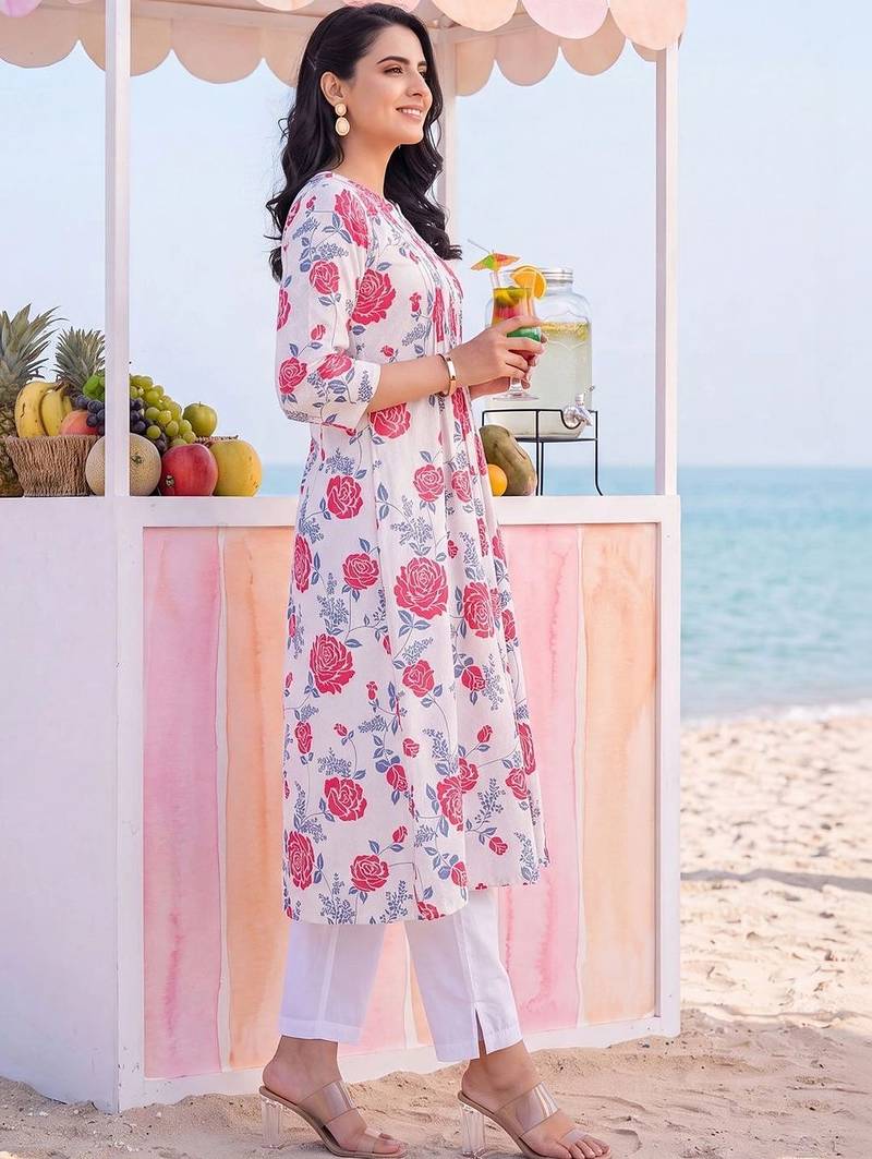 women floral printed pleated cotton kurta with trousers