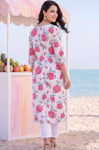 women floral printed pleated cotton kurta with trousers