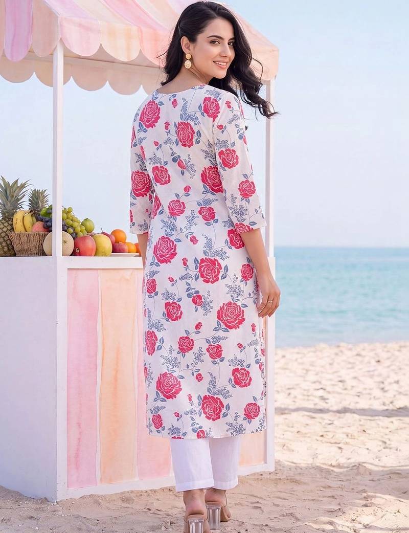 women floral printed pleated cotton kurta with trousers