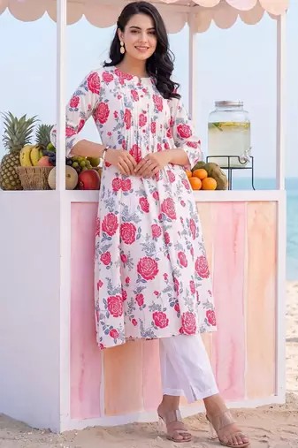 women floral printed pleated cotton kurta with trousers
