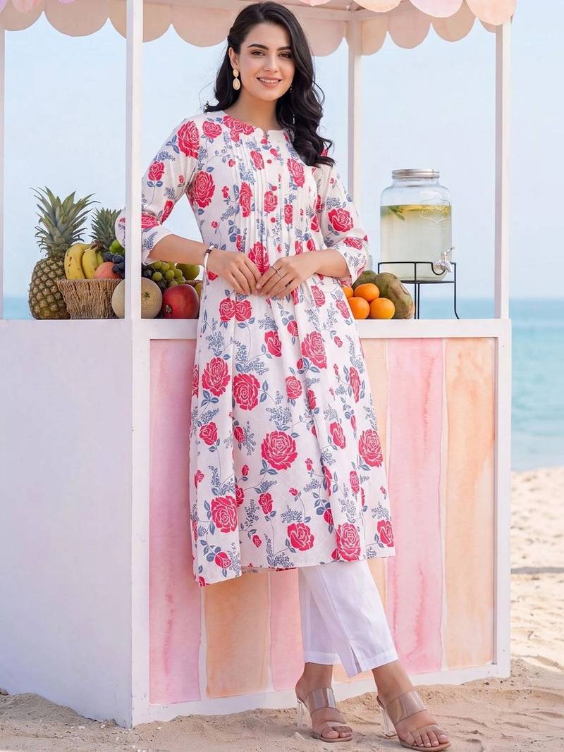 women floral printed pleated cotton kurta with trousers