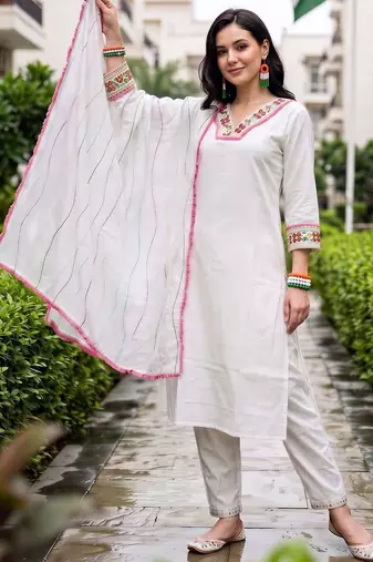 women ethnic motifs embroidered regular thread work kurta with trousers & with dupatta