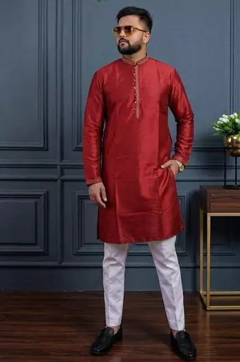 Red banglori silk plain kurta pajama