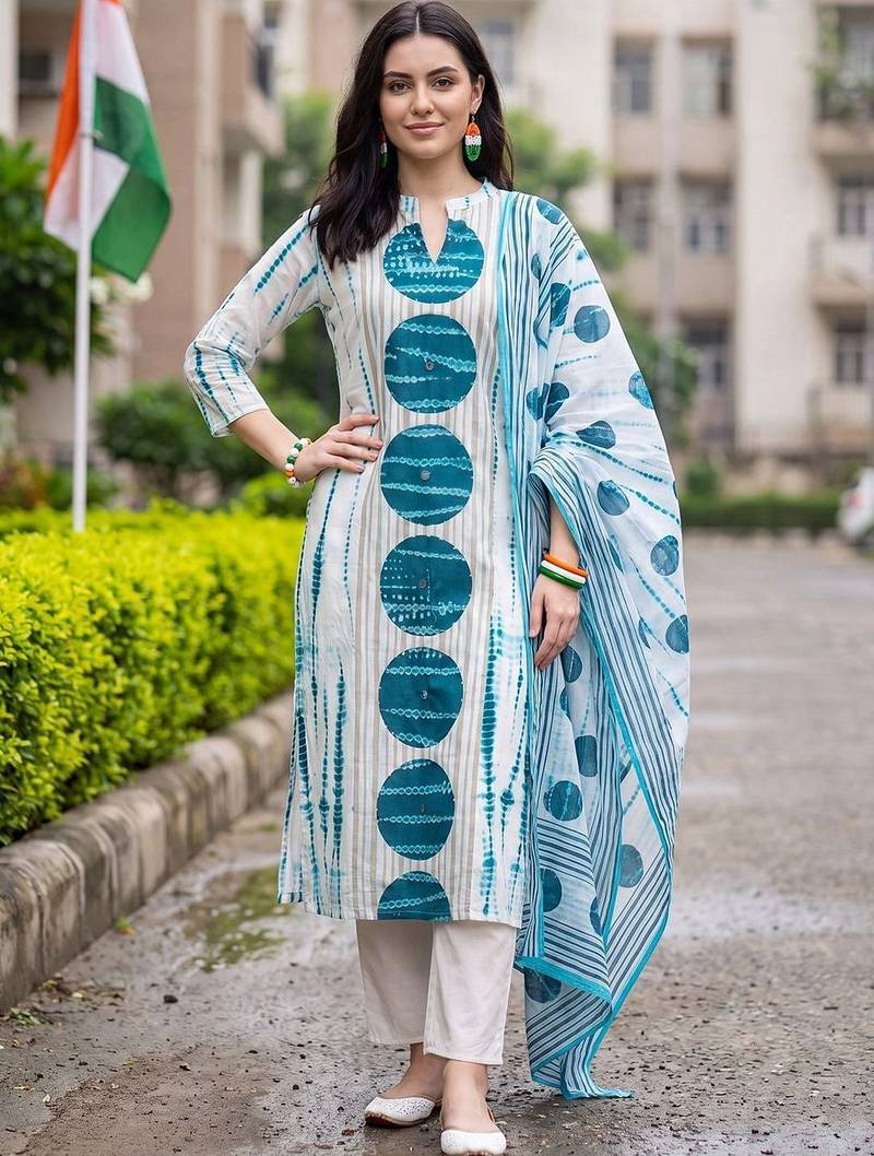 women dyed regular cotton kurta with trousers & with dupatta