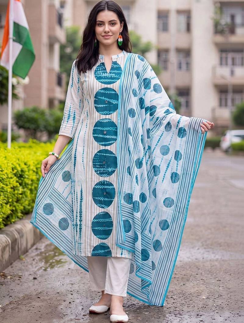 women dyed regular cotton kurta with trousers & with dupatta