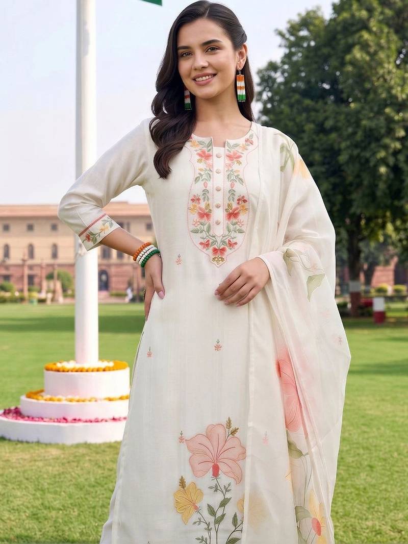 women floral embroidered regular thread work kurta with trousers & with dupatta