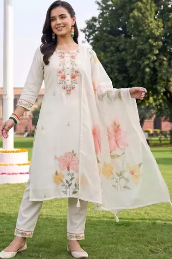 women floral embroidered regular thread work kurta with trousers & with dupatta