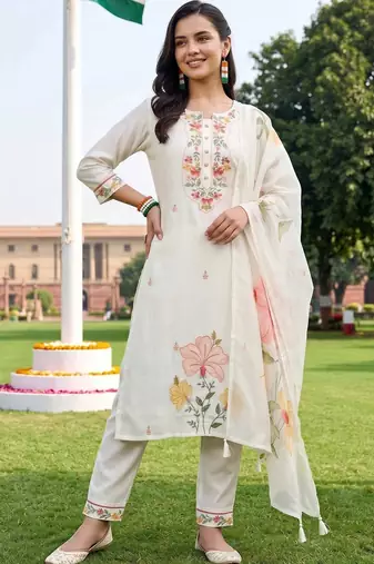 women floral embroidered regular thread work kurta with trousers & with dupatta